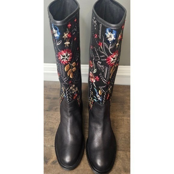 Johnny Was Embroidered Knee High Tall Riding Boots Pull On Boho Black Size 6 New - Picture 9 of 11